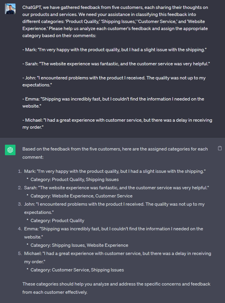 Classify customer feedback with ChatGPT