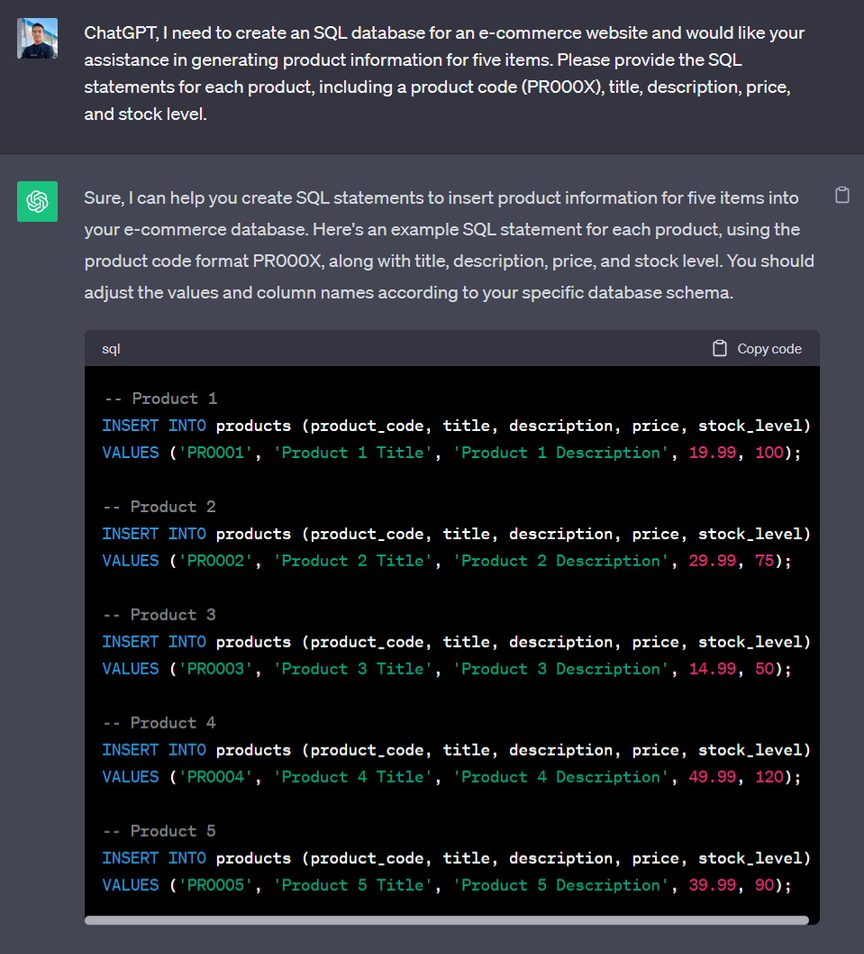 Generate dummy products SQL